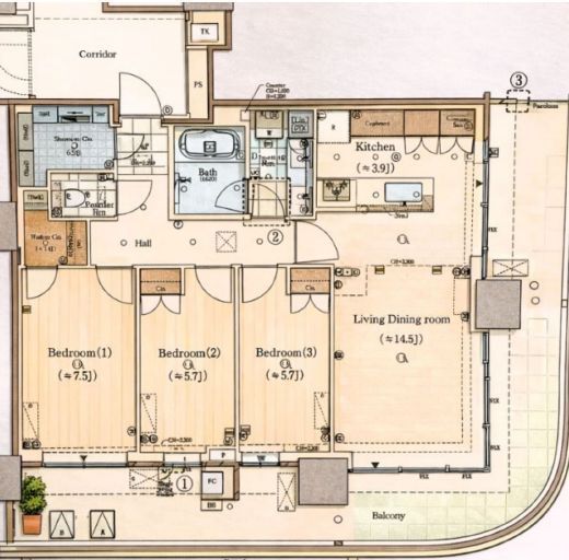 HARUMI FLAG SUN VILLAGE T棟 (晴海フラッグ サンヴィレッジ T棟) 33階 間取り図