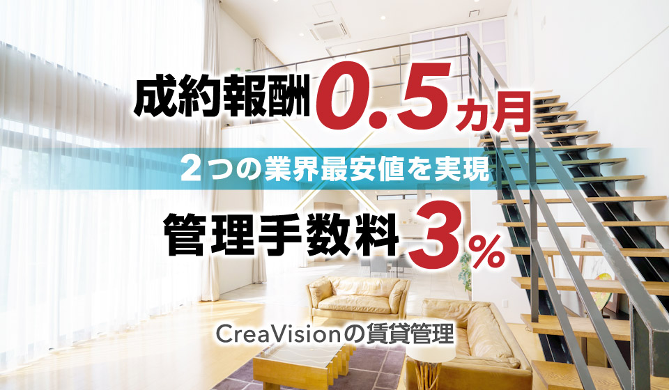 成功報酬0.5ヶ月 管理手数料3% 2つの業界最安値を実現 CreaVisionの賃貸管理